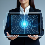 A professional, diverse individual, fully clothed in modest business attire, confidently interacting with a glowing, translucent digital interface. The subject is holding a tablet or looking at a holographic display, which shows secure data connections and abstract representations of decentralised networks, conveying personal control and empowerment. The background is a minimalist, futuristic digital space with clean, bright lighting. Perfect anatomy, correct proportions, natural pose, well-formed hands, proper finger count, natural body proportions. Professional studio photography, high-resolution, cinematic lighting, sharp focus. Safe for work, appropriate content, fully clothed, professional dress.
