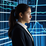 A sophisticated young professional woman, depicted from the waist up, with a thoughtful and slightly overwhelmed expression, looking towards a complex, fragmented digital interface in the foreground. She wears a modest, dark business suit and a light blouse, fully clothed, appropriate attire. The background is a blurred, dynamic digital landscape with abstract glowing lines and fragmented data visualizations, symbolizing the current state of digital identity and data sprawl. The lighting is soft and professional, highlighting her silhouette against the tech backdrop. High-definition, professional photography, studio quality. perfect anatomy, correct proportions, natural pose, well-formed hands, proper finger count, natural body proportions. safe for work, appropriate content, fully clothed, professional.