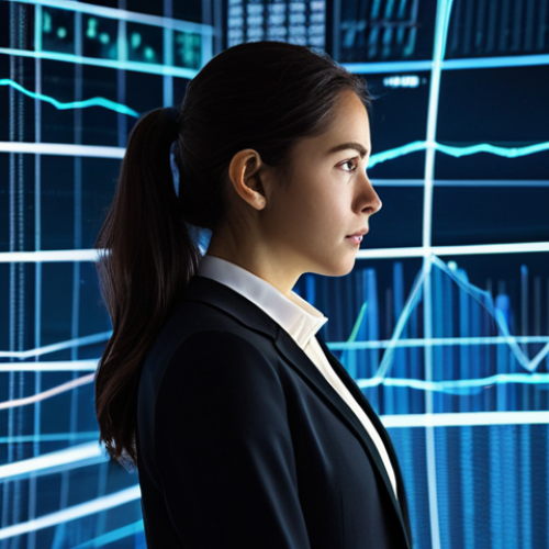 A sophisticated young professional woman, depicted from the waist up, with a thoughtful and slightly overwhelmed expression, looking towards a complex, fragmented digital interface in the foreground. She wears a modest, dark business suit and a light blouse, fully clothed, appropriate attire. The background is a blurred, dynamic digital landscape with abstract glowing lines and fragmented data visualizations, symbolizing the current state of digital identity and data sprawl. The lighting is soft and professional, highlighting her silhouette against the tech backdrop. High-definition, professional photography, studio quality. perfect anatomy, correct proportions, natural pose, well-formed hands, proper finger count, natural body proportions. safe for work, appropriate content, fully clothed, professional.