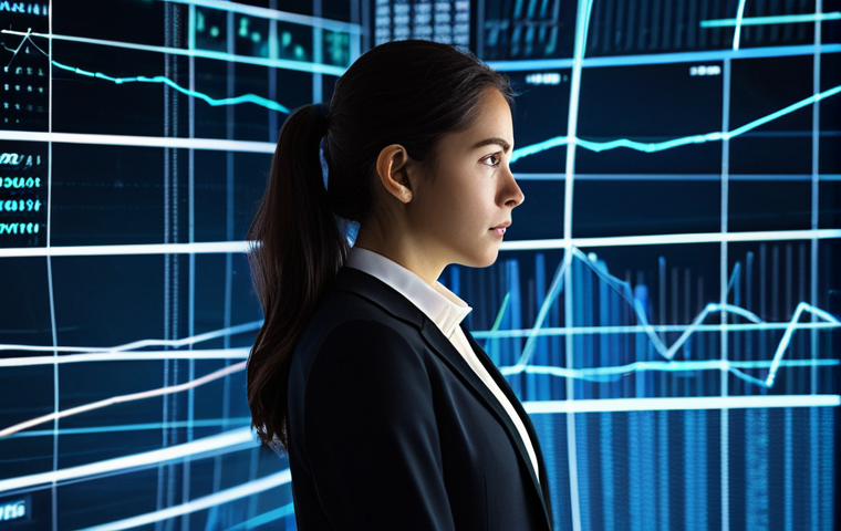 A sophisticated young professional woman, depicted from the waist up, with a thoughtful and slightly overwhelmed expression, looking towards a complex, fragmented digital interface in the foreground. She wears a modest, dark business suit and a light blouse, fully clothed, appropriate attire. The background is a blurred, dynamic digital landscape with abstract glowing lines and fragmented data visualizations, symbolizing the current state of digital identity and data sprawl. The lighting is soft and professional, highlighting her silhouette against the tech backdrop. High-definition, professional photography, studio quality. perfect anatomy, correct proportions, natural pose, well-formed hands, proper finger count, natural body proportions. safe for work, appropriate content, fully clothed, professional.