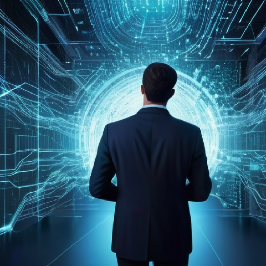 DID 도입 후 기업의 변화 관리 전략 - **"A person stands confidently in a brightly lit, modern digital landscape. On one side, chaotic, in...