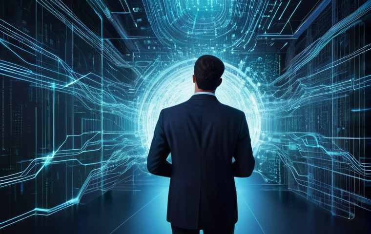 DID 도입 후 기업의 변화 관리 전략 - **"A person stands confidently in a brightly lit, modern digital landscape. On one side, chaotic, in...