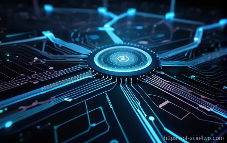 DID 시스템의 운영 비용 분석 - A highly detailed, futuristic visual representation of a complex blockchain network, forming the bac...