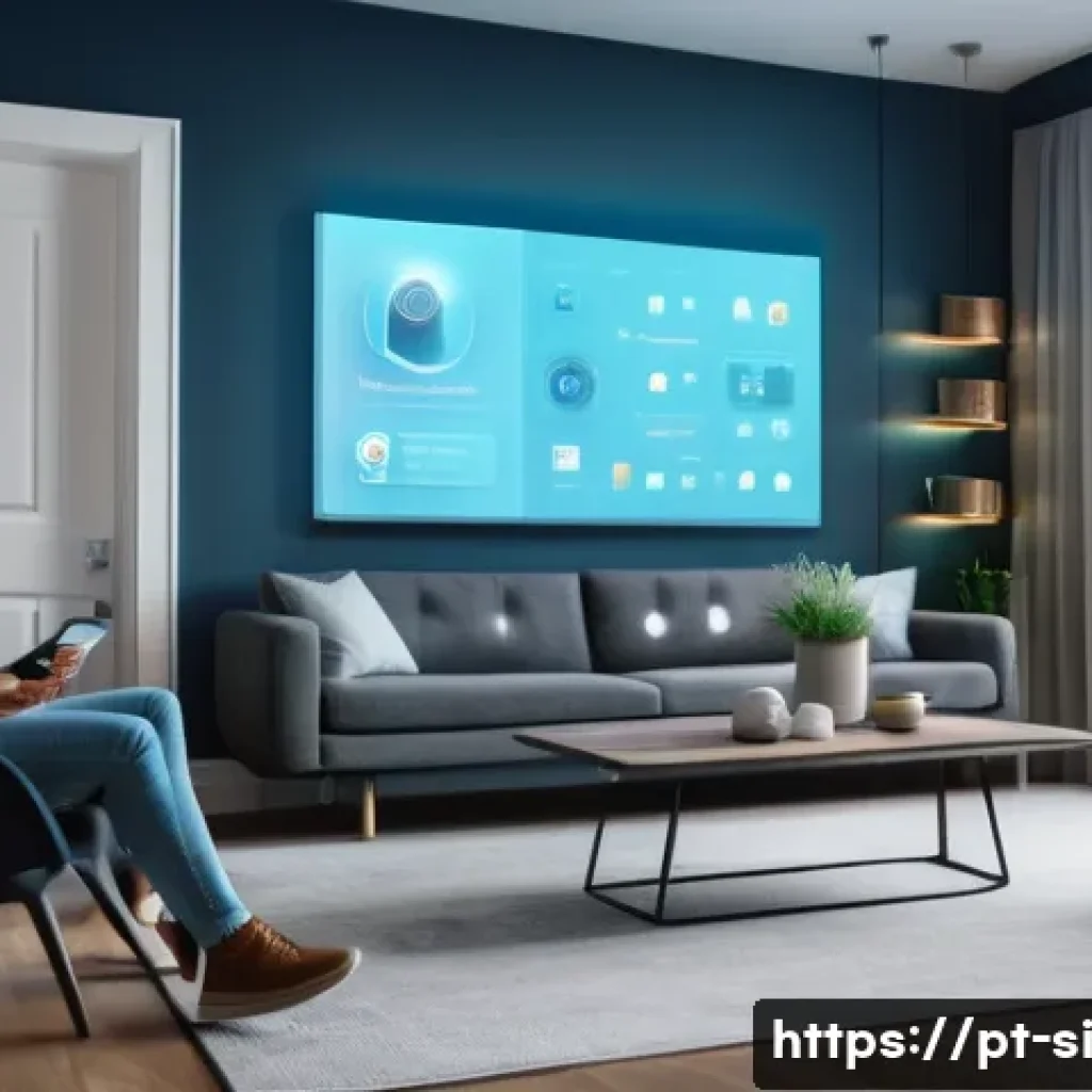 분산신원증명 DID 과 IoT 기술의 융합 - A modern smart home interior showcasing a diverse family interacting seamlessly with various IoT dev...