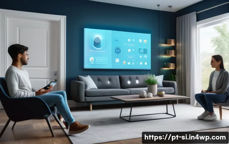 분산신원증명 DID 과 IoT 기술의 융합 - A modern smart home interior showcasing a diverse family interacting seamlessly with various IoT dev...