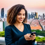 Home 20 DID의 발전 방향과 시장 전망 - A confident Brazilian woman in a modern urban setting, holding a smartphone displaying a blockchain-...