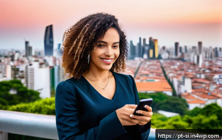 DID의 발전 방향과 시장 전망 - A confident Brazilian woman in a modern urban setting, holding a smartphone displaying a blockchain-...