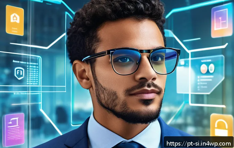 DID와 개인정보 보호 기술의 진화 - A futuristic digital user interface showing a diverse Brazilian professional confidently controlling...